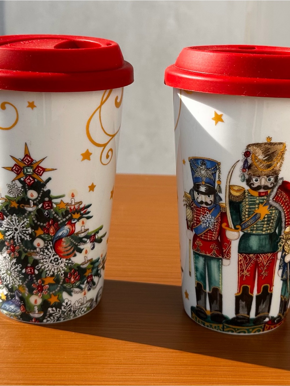 Williams Sonoma Holiday Nutcracker & Tree Travel Mugs with Red Lids